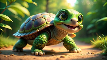 Fototapeta premium Adorable Baby Turtle Walking on Forest Path - 3D Render