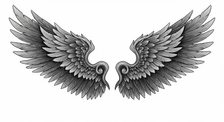 Obraz premium Detailed monochrome illustration of a pair of feathered angel wings open