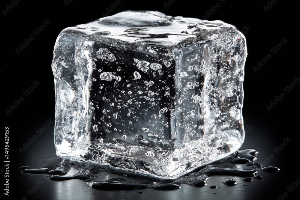 Fototapete clear ice cube melting on a dark surface with bubbles reflecting light in the background