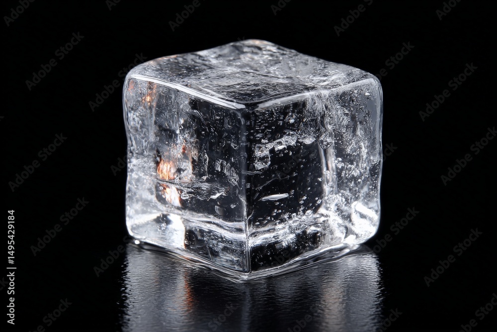 Leinwandbilder clear ice cube on reflective surface showcasing bubbles and texture in a dark environment