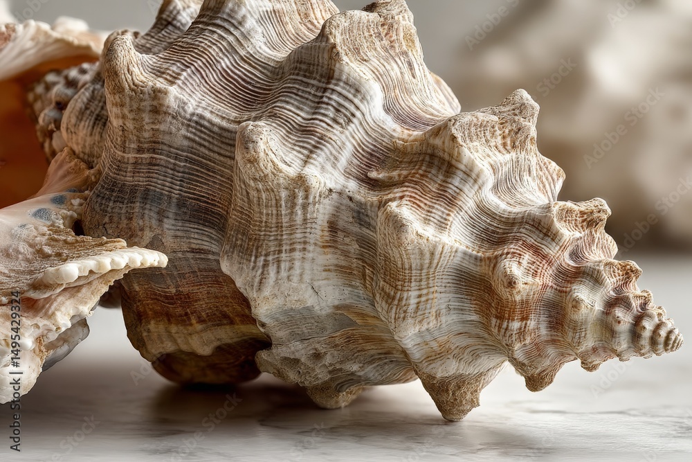 Fototapete Detailed view of a unique seashell showcasing intricate patterns and textures on a light background