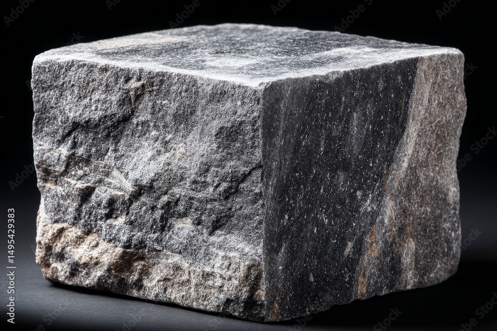 Poster Granite stone block displayed on a dark surface showcasing its natural texture and color variations in a close-up setting