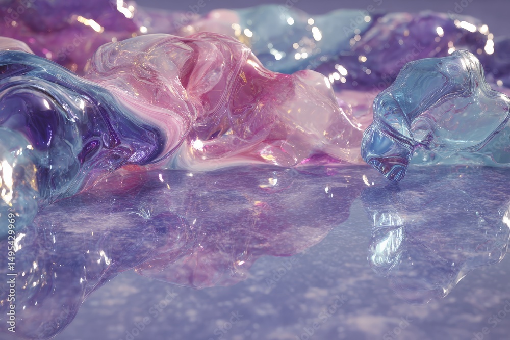 Poster Colorful waves of translucent material create a mesmerizing visual effect on a reflective surface during a tranquil moment