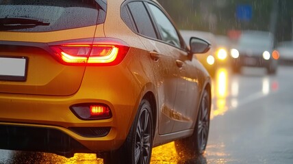 A compact car viewed from the back in rainy mist, showcasing a modern, sleek design.