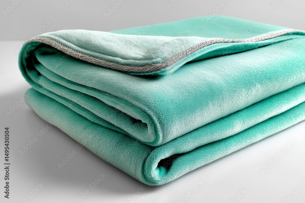 Poster soft turquoise blanket folded on a clean surface in a well-lit indoor setting showcasing texture and