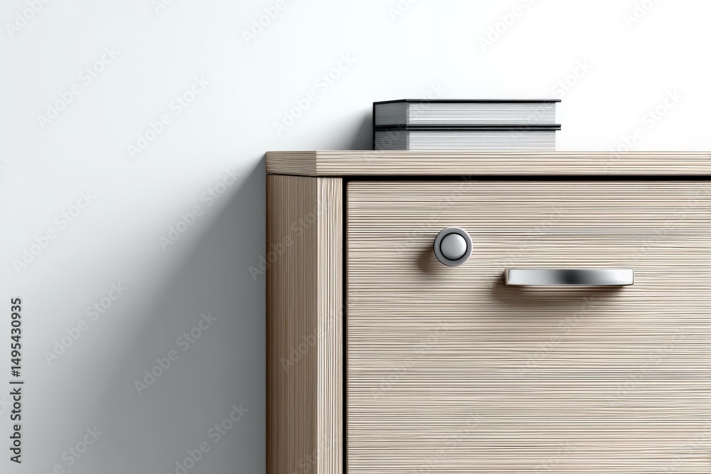 Poster modern wooden cabinet with sleek handle and stacked books during daytime in a minimalistic interior 