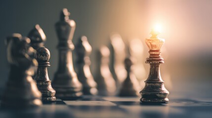 Glimmering Chess King's Crown Illuminated by Soft Light Amidst Other Chess Pieces on a Board, Symbolizing Strategy and Power