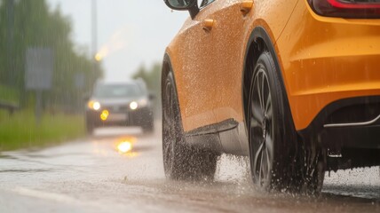 Heavy rainfall with thunderstorm over a car, showcasing a dramatic weather scene.