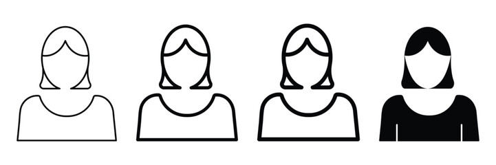 Female character icon design in seamless transition from thin outline to bold solid style for digital user interface vector illustration.