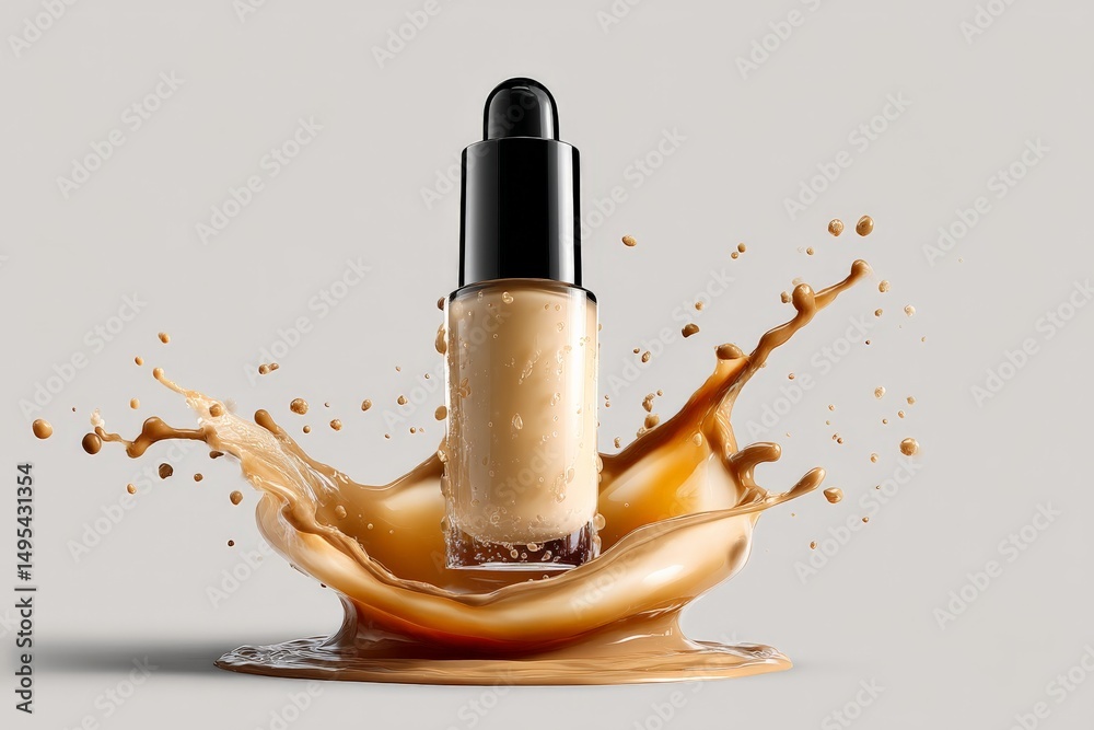 Aufkleber Liquid foundation bottle splashing in liquid with tan shade in clean backdrop