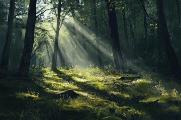 Obraz premium Sunlight streams through a lush forest