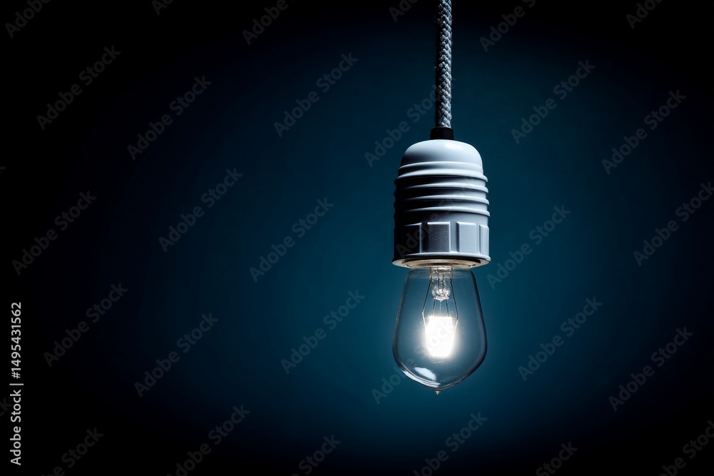 Leinwandbilder Bright light bulb hanging from a cord against a dark background in a minimalistic setting
