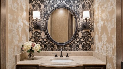 Elegant powder room interior with damask wallpaper and oval mirror.