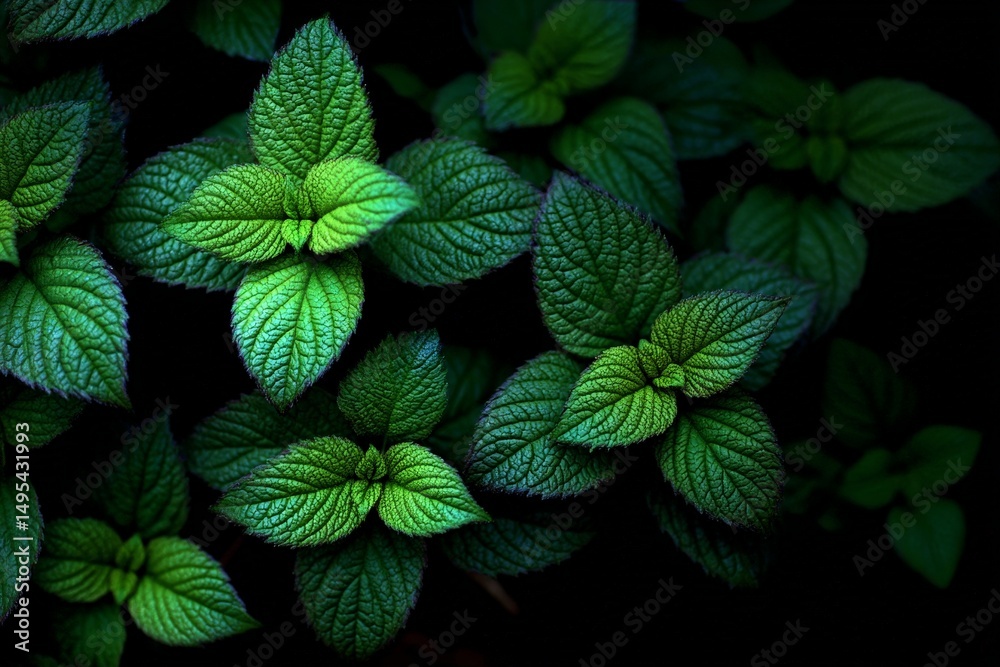 Aufkleber lush green mint leaves illuminated in soft light against a dark background showcasing their unique t