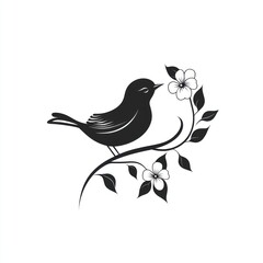 Silhouette bird on branch with flowers