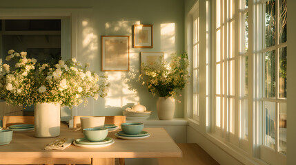 A clean dining space with pale wood table, pastel dinnerware, and a neutral floral centerpiece, golden hour sunlight from side window 70660955 2