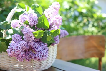 Beautiful lilac flowers in wicker basket on wooden table in garden, closeup. Space for text