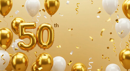 Golden 50th anniversary celebration with balloons and confetti background