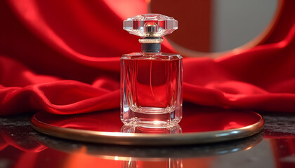 Crystal perfume bottle on mirrored dressing table, red silk draped in background, frontal focus with soft glow on glass, top down perspective, glamorous still life with perfume and fabrics