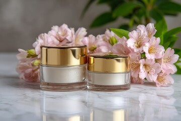 Beautifying skincare creams placed on marble surface with delicate pink flowers in the background during bright daylight