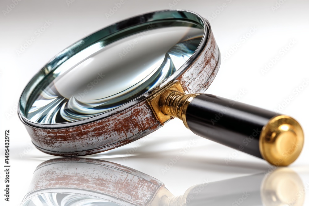 Aufkleber magnifying glass placed on a reflective surface showcasing intricate patterns and textures under bri