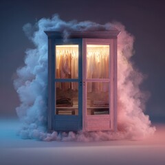 magical glowing closet with fog, mystery night concept, dreamy style, cool pastel