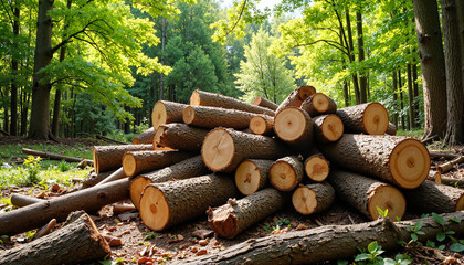 Cut tree logs stacked on forest floor with green foliage background  