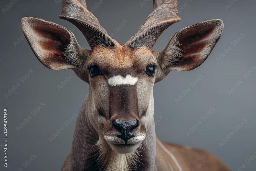Poster close-up of a majestic antelope in a studio setting showcasing intricate facial features and promine