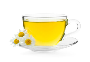 Delicious chamomile tea in glass cup and fresh flowers isolated on white