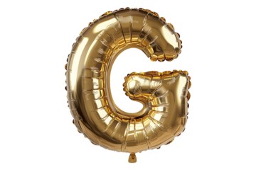 English Letter G made with gold foil balloon isolated on transparent background.