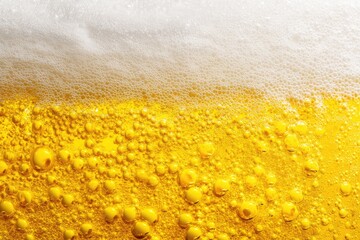 Detailed close-up of light beer with golden bubbles rising beneath a thick foam head, perfect for beverage ads, brewing visuals, bar branding, and product design