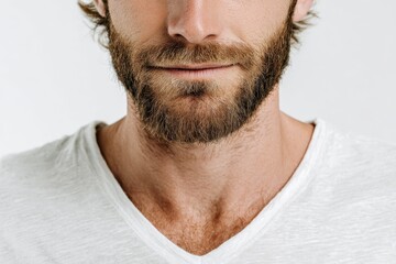Obraz premium Close-up of a man with a beard wearing a white shirt in a neutral setting during daylight