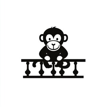 Cute monkey on a decorative fence, simple black and white graphic design, use for kids' decor or products