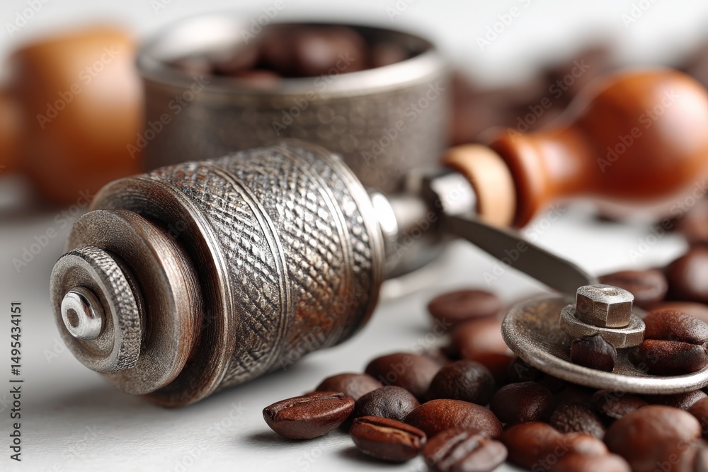 Poster coffee grinder and fresh beans arranged on a table with a rustic charm in a cozy kitchen setting