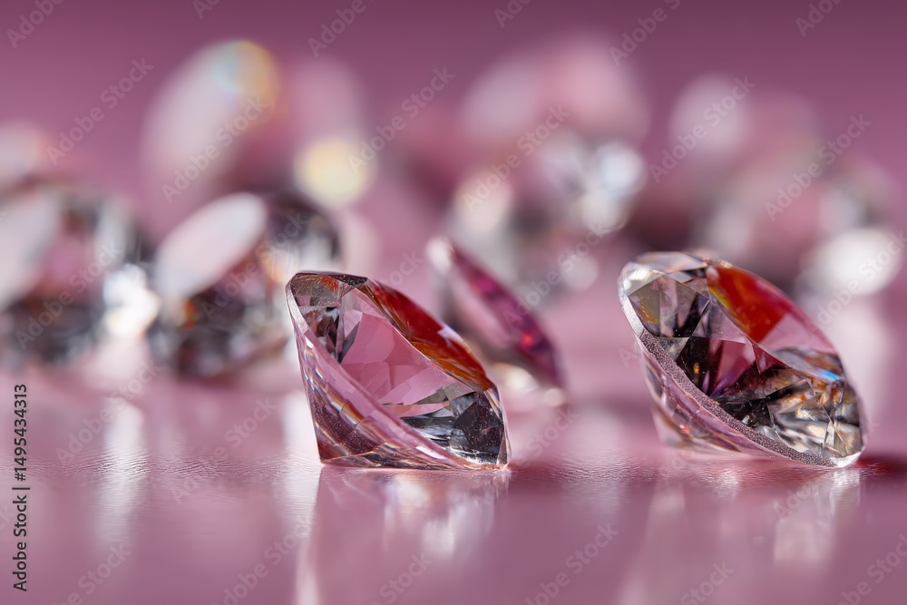 Poster Sparkling pink and clear crystals scattered on a soft pink surface create a beautiful display of light and color