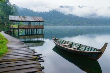 Obraz premium Misty lake with wooden pier and boat