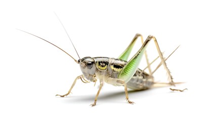 Close-up of a green grasshopper on a white background