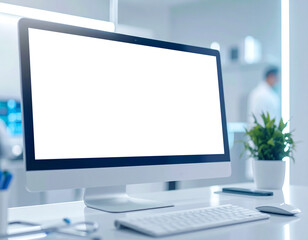 Fototapeta premium Minimalist workspace featuring a computer with a blank white screen, keyboard, mouse, and potted plant, set in a bright, modern office or lab environment.