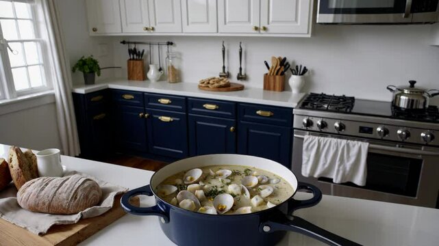 Creamy clam chowder simmering in blue pot on white kitchen island, showcasing modern culinary setting with navy blue cabinets, stainless steel appliances, gold hardware