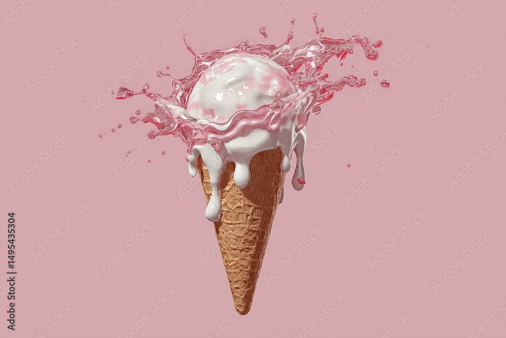 Poster colorful ice cream cone splashing in pink background creating a vibrant and joyful summer vibe