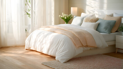 A bedroom scene with folded pastel quilts on a white bed, soft rug underneath, and sheer curtains flowing beside, lit from side 11691847 1