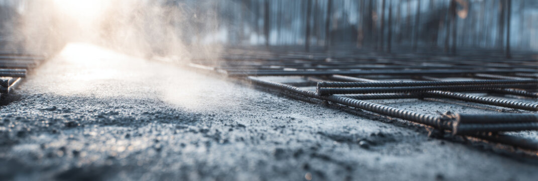 Concrete curing with embedded rebar and faint steam rising