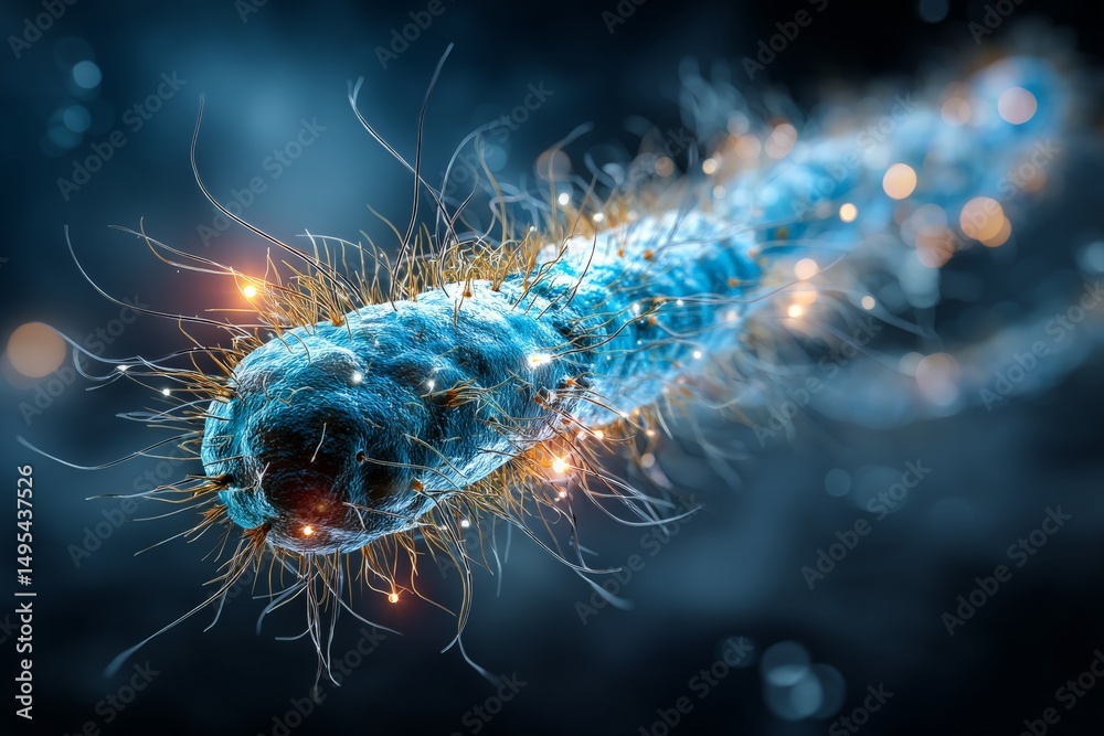 Poster Detailed view of a vibrant bacterium showcasing its unique structure and movement under microscopic observation