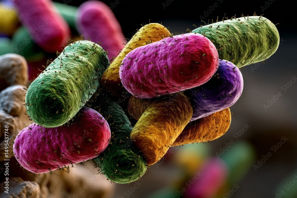 Poster Colorful microscopic view of bacteria showcasing diversity in shape and size, illustrating the complexity of microbial life