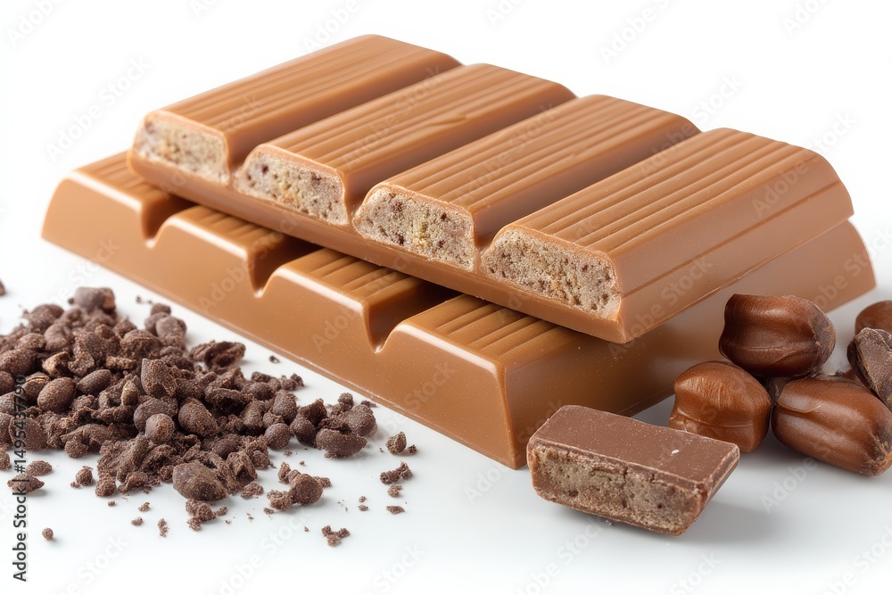 Poster delicious milk chocolate bars with crispy layers and assorted nuts on a clean surface