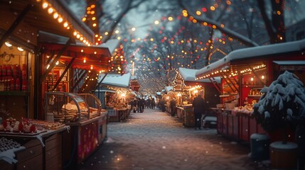 Naklejka premium dynamic outdoor scene of winter dessert market with hot chocolate, snowy stalls, candid style, warm evening lighting, vibrant red and white tones, wide-angle composition