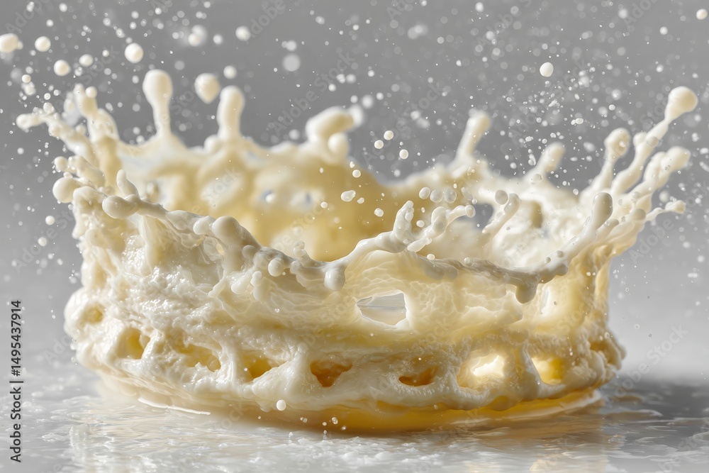 Poster milk splash creates a dynamic pattern in mid-air against a neutral background