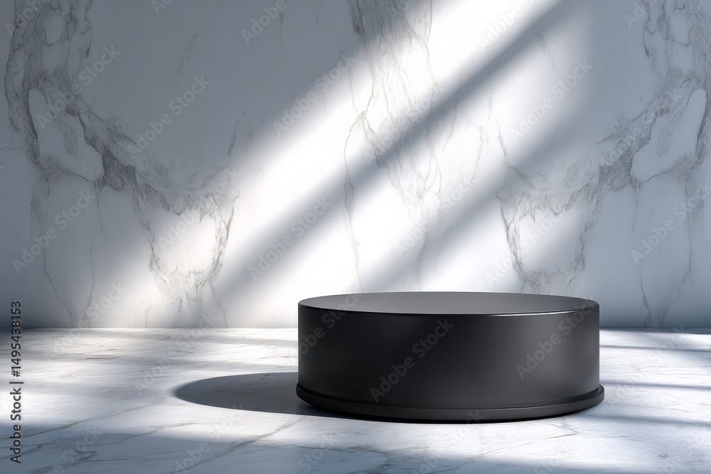 Aufkleber Minimalist black display platform on marble background with soft shadows and natural light in a modern setting