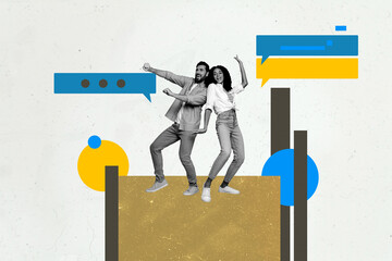 Trendy art creative full zine photo collage of happy girl guy stand bubble communication chat...