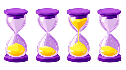 4 purple hourglasses with yellow sand, a white background